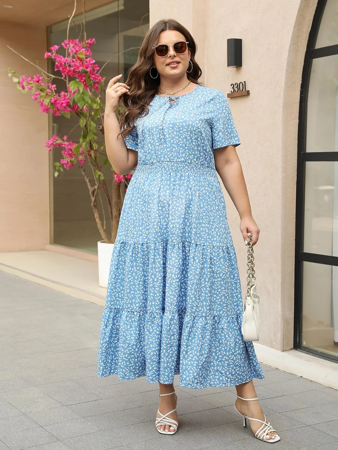 Keluummi Plus Size Summer Maxi Dresses for Curvy Women, Casual Floral A Line Tiered V Neck Dress with Empire Waist, Pockets
