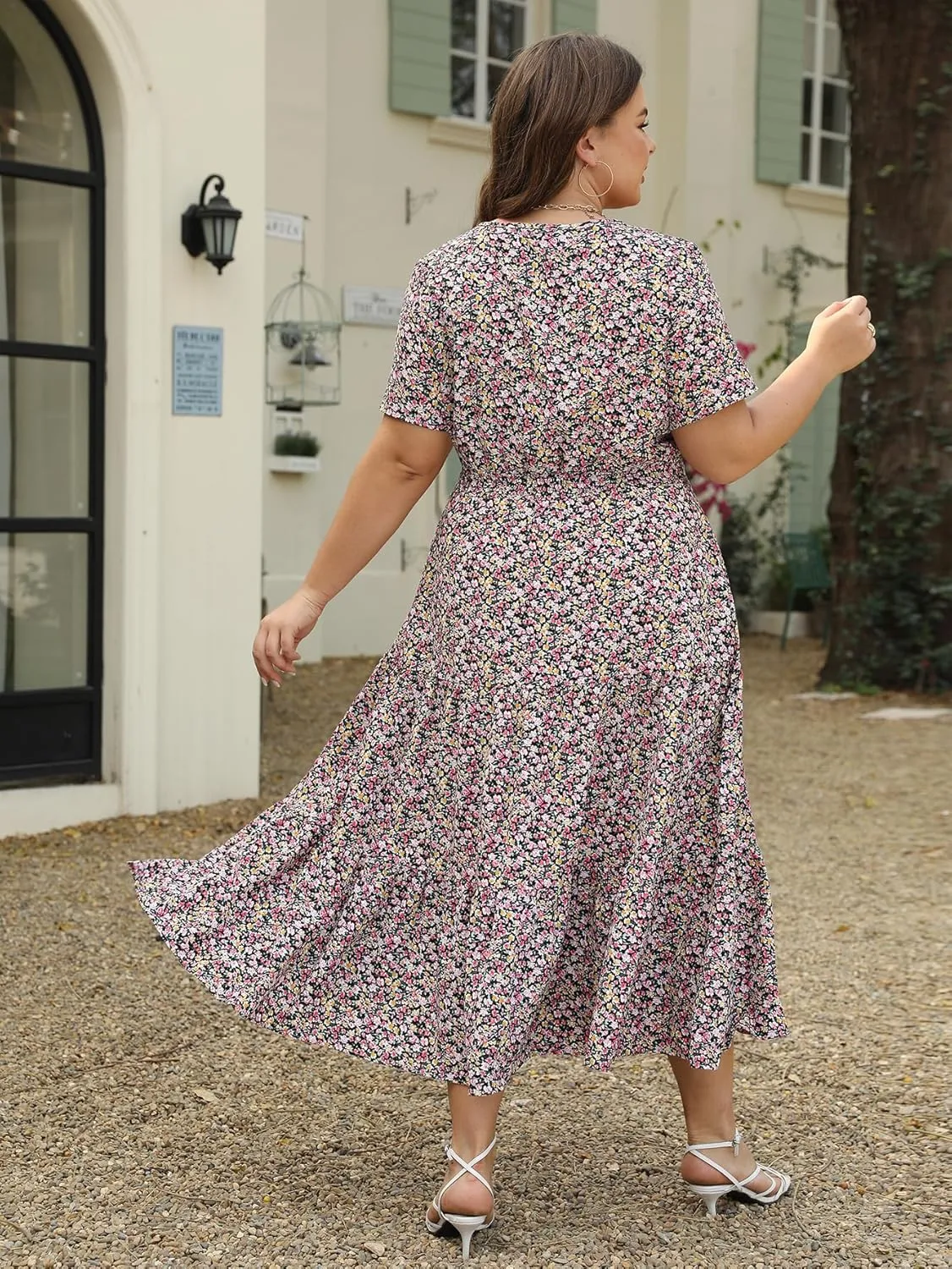 Keluummi Plus Size Summer Maxi Dresses for Curvy Women, Casual Floral A Line Tiered V Neck Dress with Empire Waist, Pockets