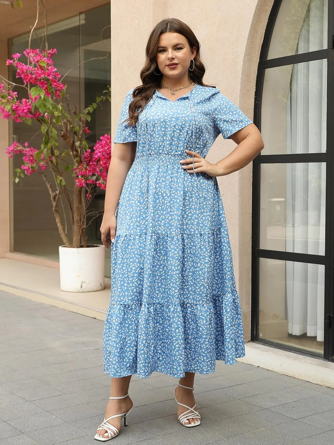 Keluummi Plus Size Summer Maxi Dresses for Curvy Women, Casual Floral A Line Tiered V Neck Dress with Empire Waist, Pockets