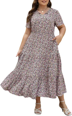 Keluummi Plus Size Summer Maxi Dresses for Curvy Women, Casual Floral A Line Tiered V Neck Dress with Empire Waist, Pockets