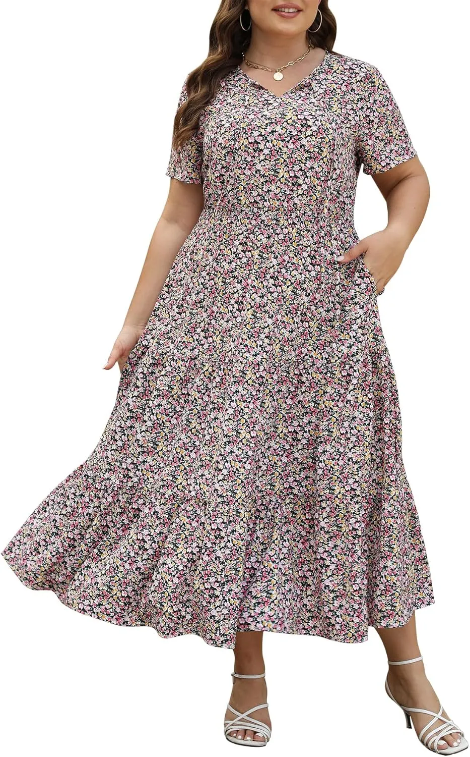 Keluummi Plus Size Summer Maxi Dresses for Curvy Women, Casual Floral A Line Tiered V Neck Dress with Empire Waist, Pockets