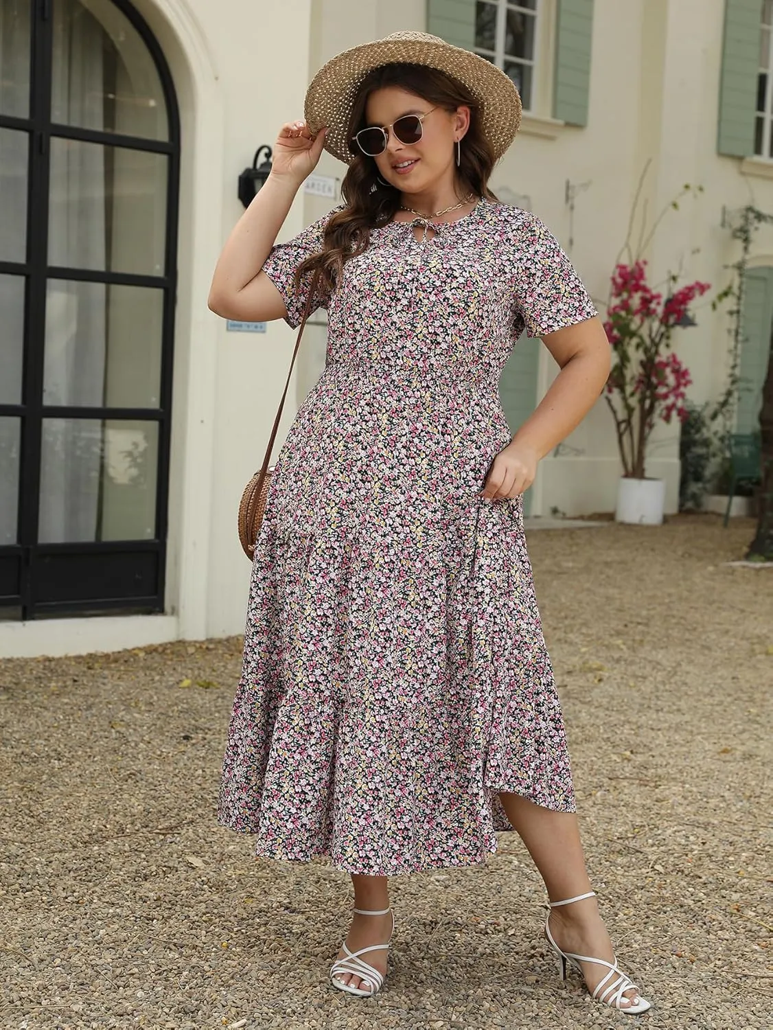 Keluummi Plus Size Summer Maxi Dresses for Curvy Women, Casual Floral A Line Tiered V Neck Dress with Empire Waist, Pockets
