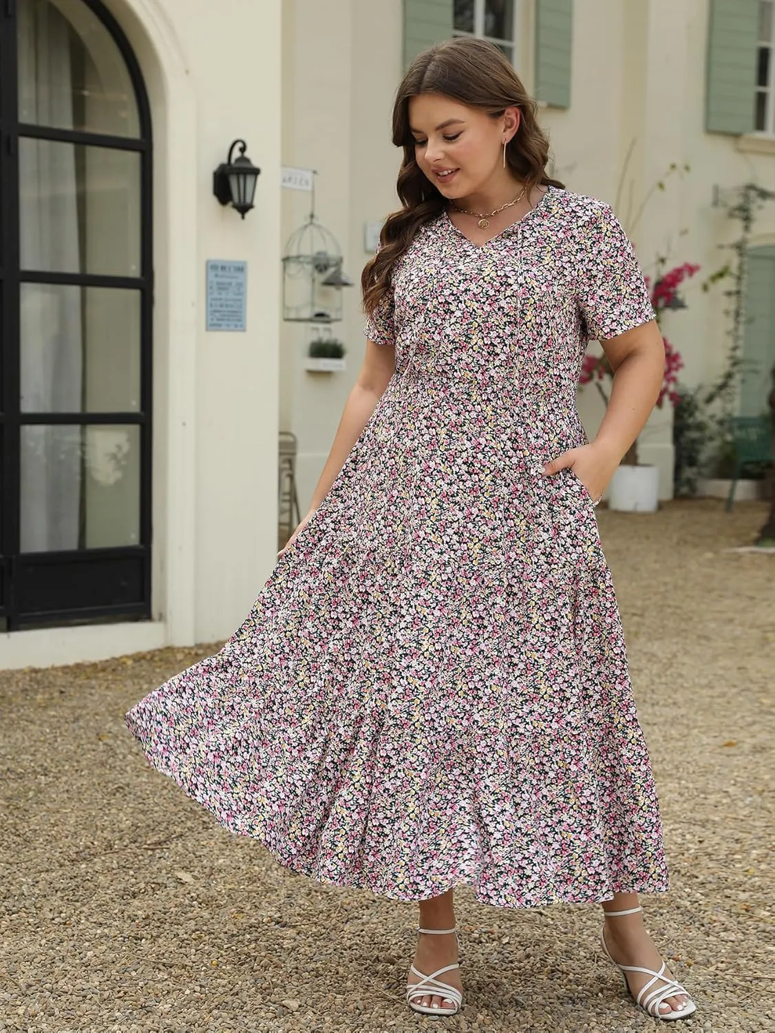 Keluummi Plus Size Summer Maxi Dresses for Curvy Women, Casual Floral A Line Tiered V Neck Dress with Empire Waist, Pockets