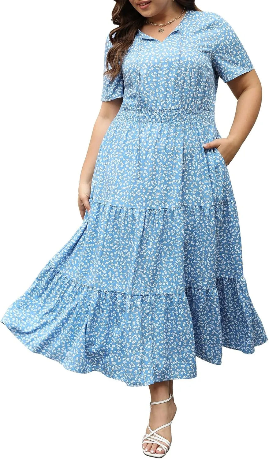 Keluummi Plus Size Summer Maxi Dresses for Curvy Women, Casual Floral A Line Tiered V Neck Dress with Empire Waist, Pockets