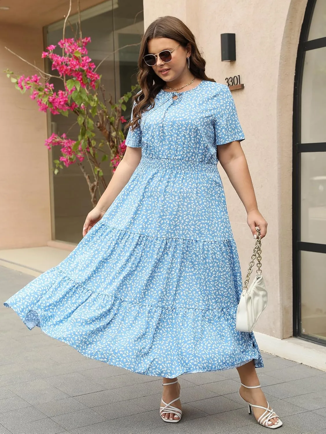 Keluummi Plus Size Summer Maxi Dresses for Curvy Women, Casual Floral A Line Tiered V Neck Dress with Empire Waist, Pockets