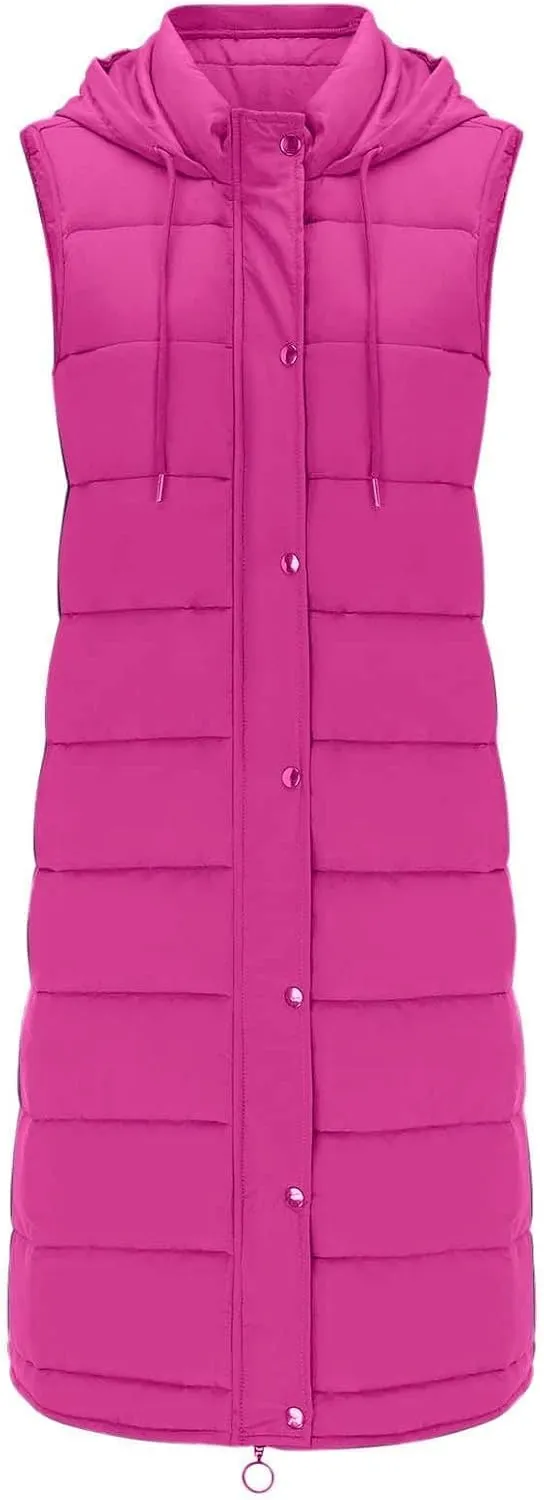 Long Puffer Vest Women Plus Size Winter Warm Coat Sleeveless Puffer Jacket Zipper Hooded Outerwear with Pockets