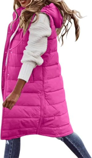 Long Puffer Vest Women Plus Size Winter Warm Coat Sleeveless Puffer Jacket Zipper Hooded Outerwear with Pockets