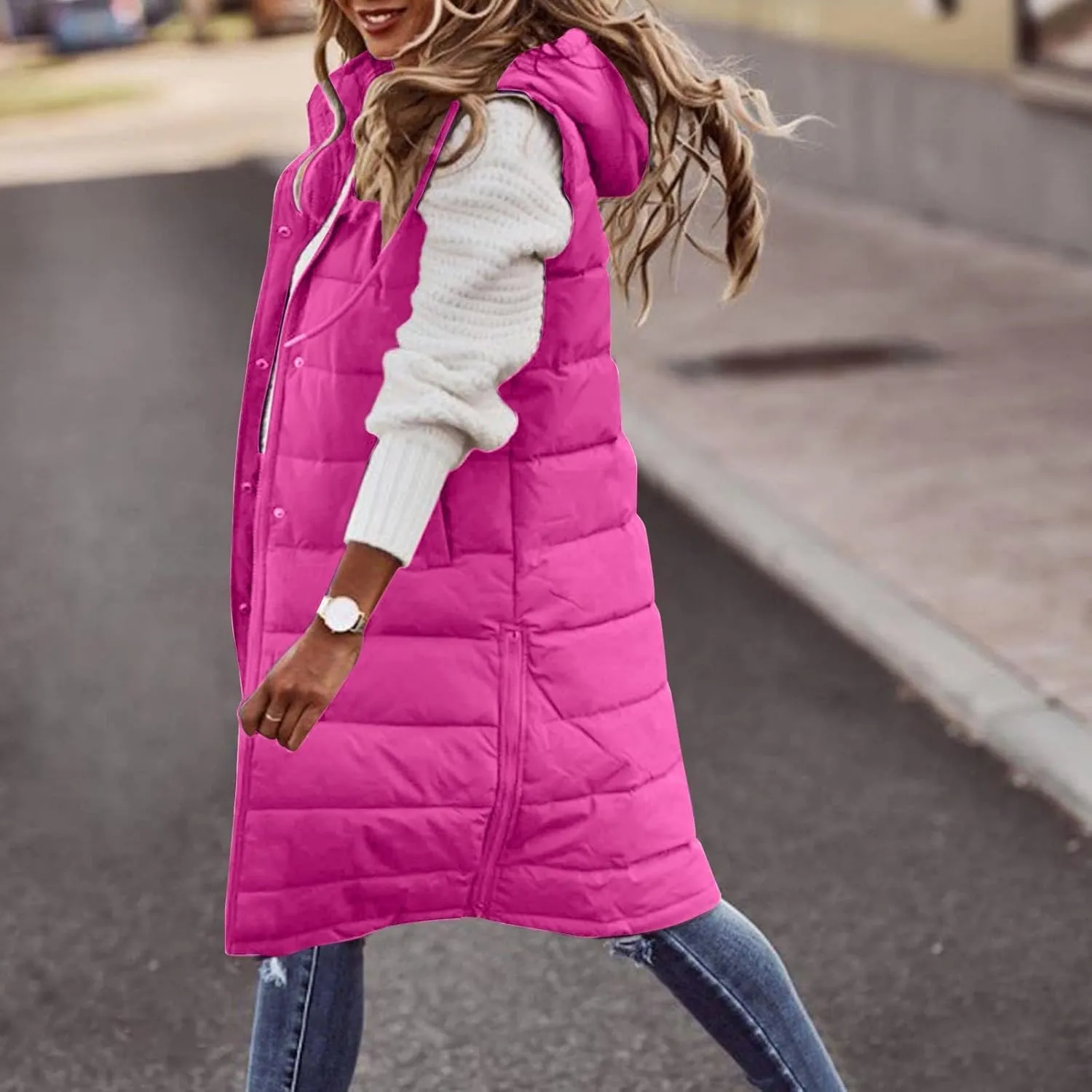 Long Puffer Vest Women Plus Size Winter Warm Coat Sleeveless Puffer Jacket Zipper Hooded Outerwear with Pockets