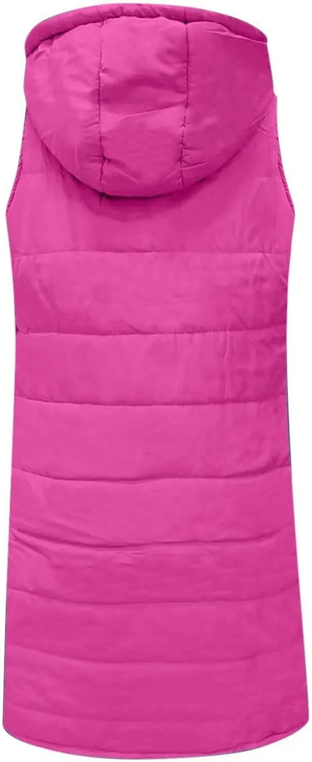 Long Puffer Vest Women Plus Size Winter Warm Coat Sleeveless Puffer Jacket Zipper Hooded Outerwear with Pockets
