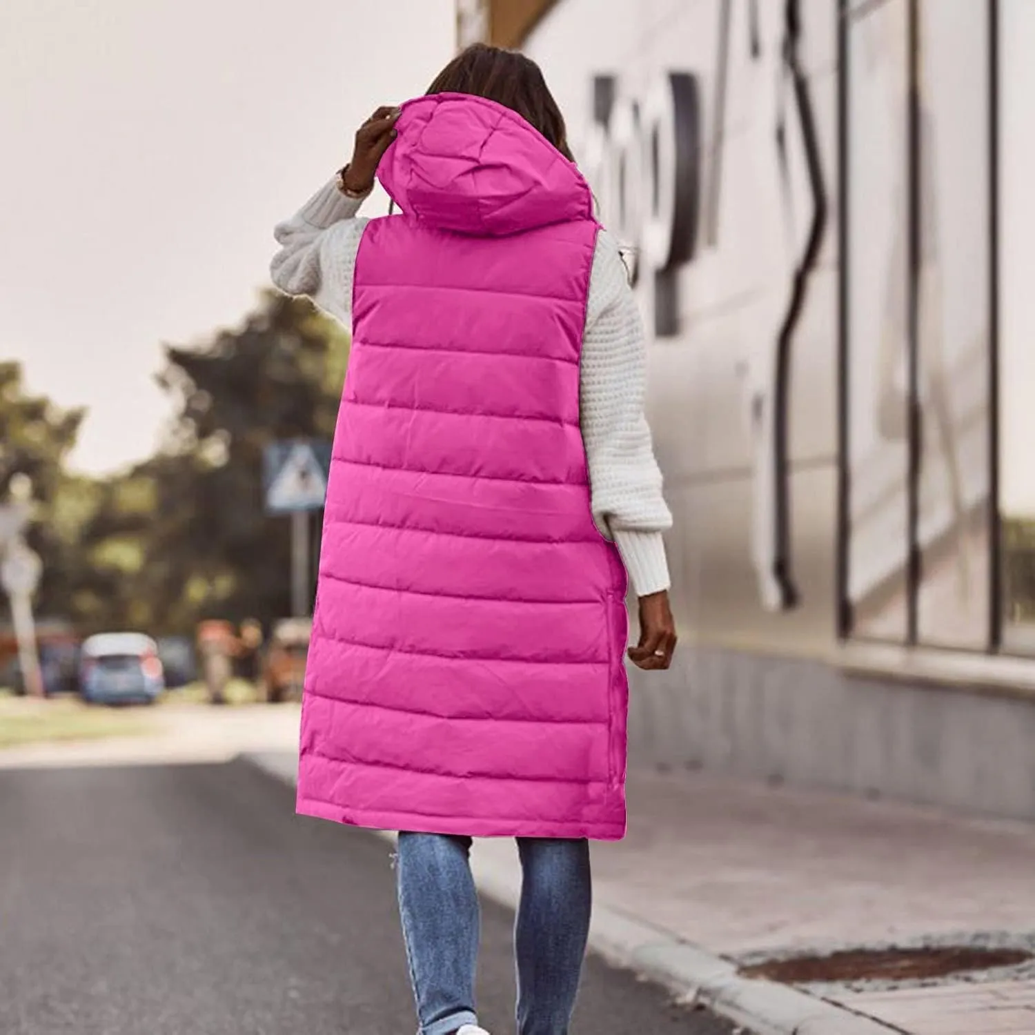 Long Puffer Vest Women Plus Size Winter Warm Coat Sleeveless Puffer Jacket Zipper Hooded Outerwear with Pockets