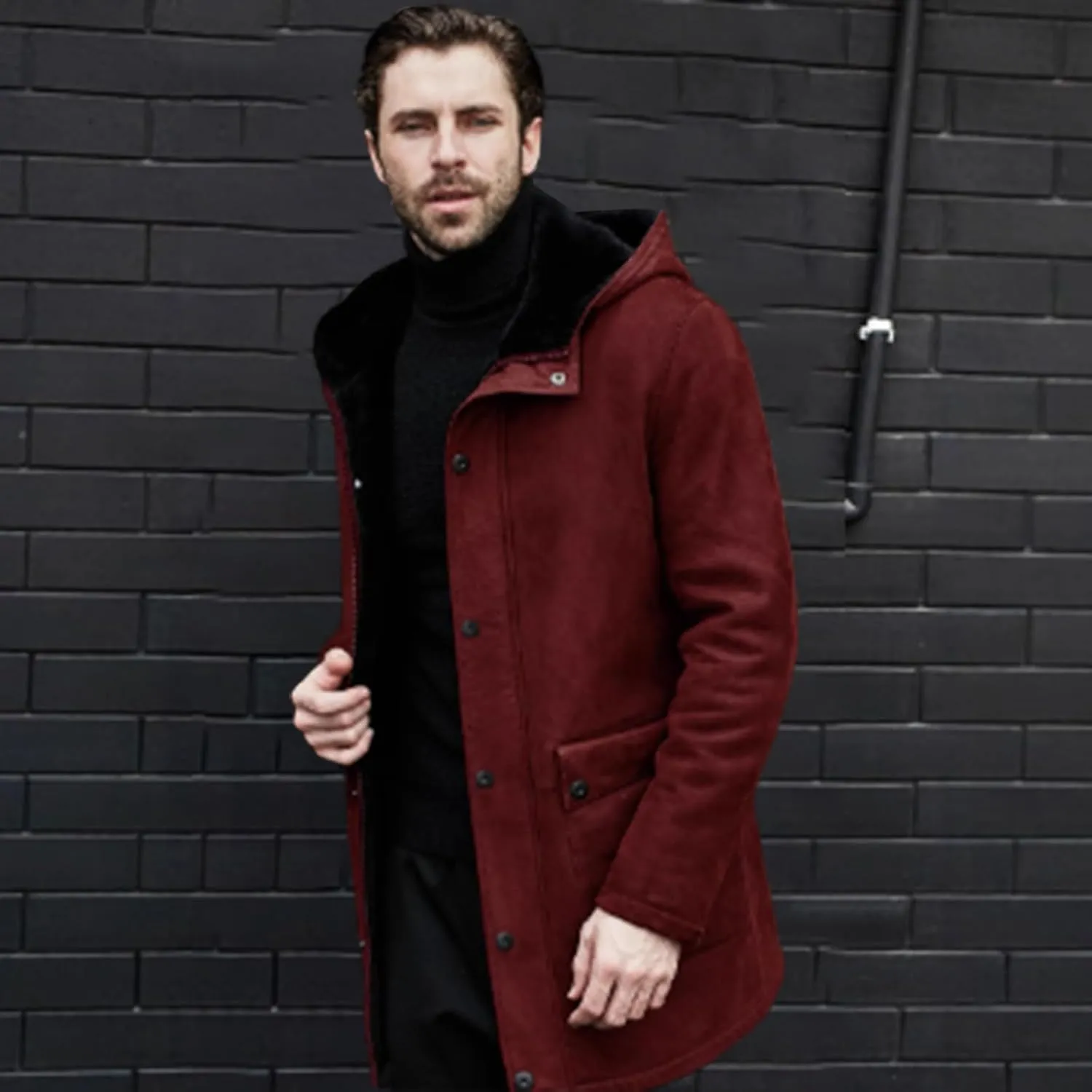 Men's Wool Coat Long Trench Coat Slim Zipper Cardigan Solid Color Hooded Casual Washed Jacket Windbreaker Long