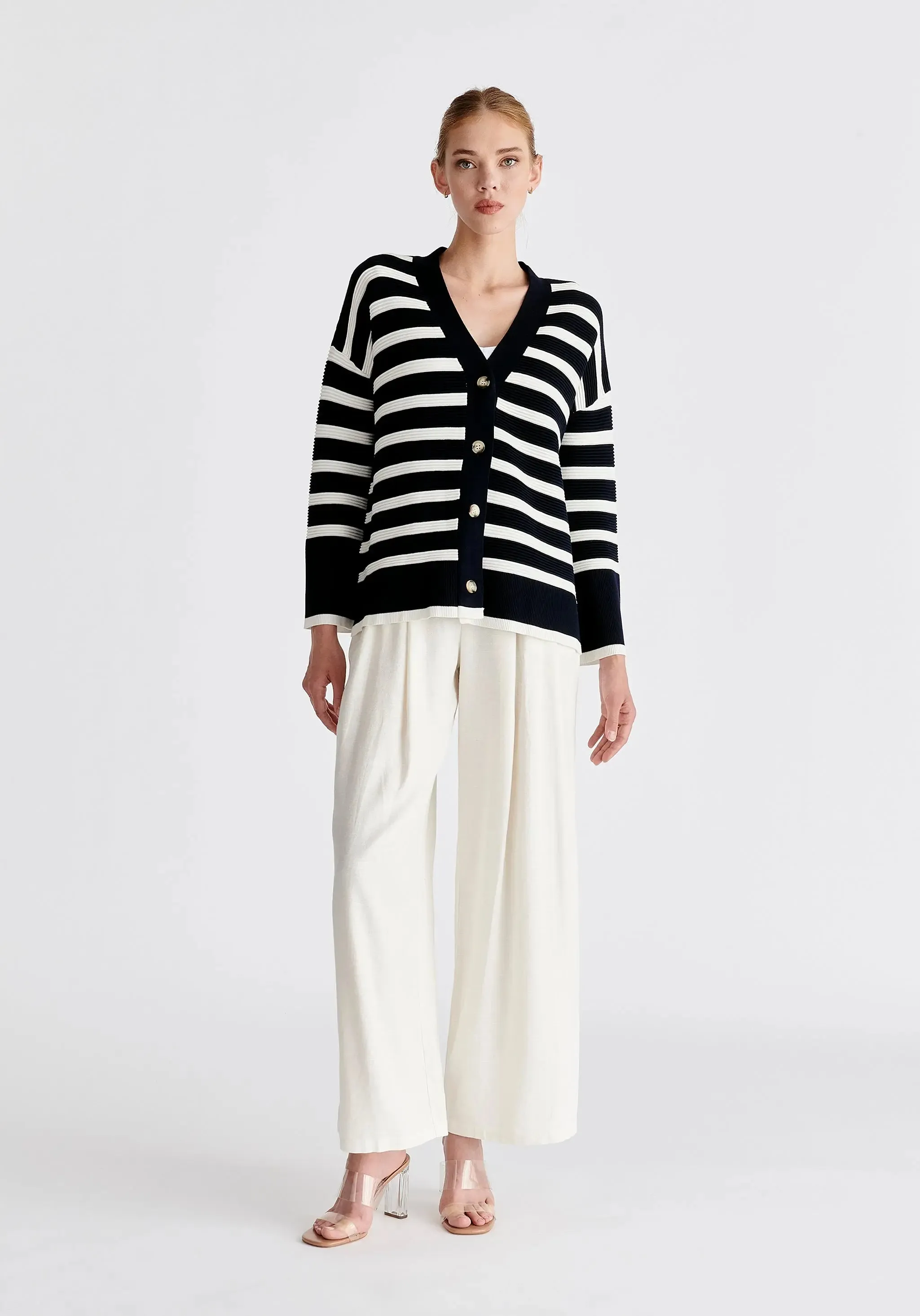 Navy and White Paisie Striped Ribbed Cardigan
