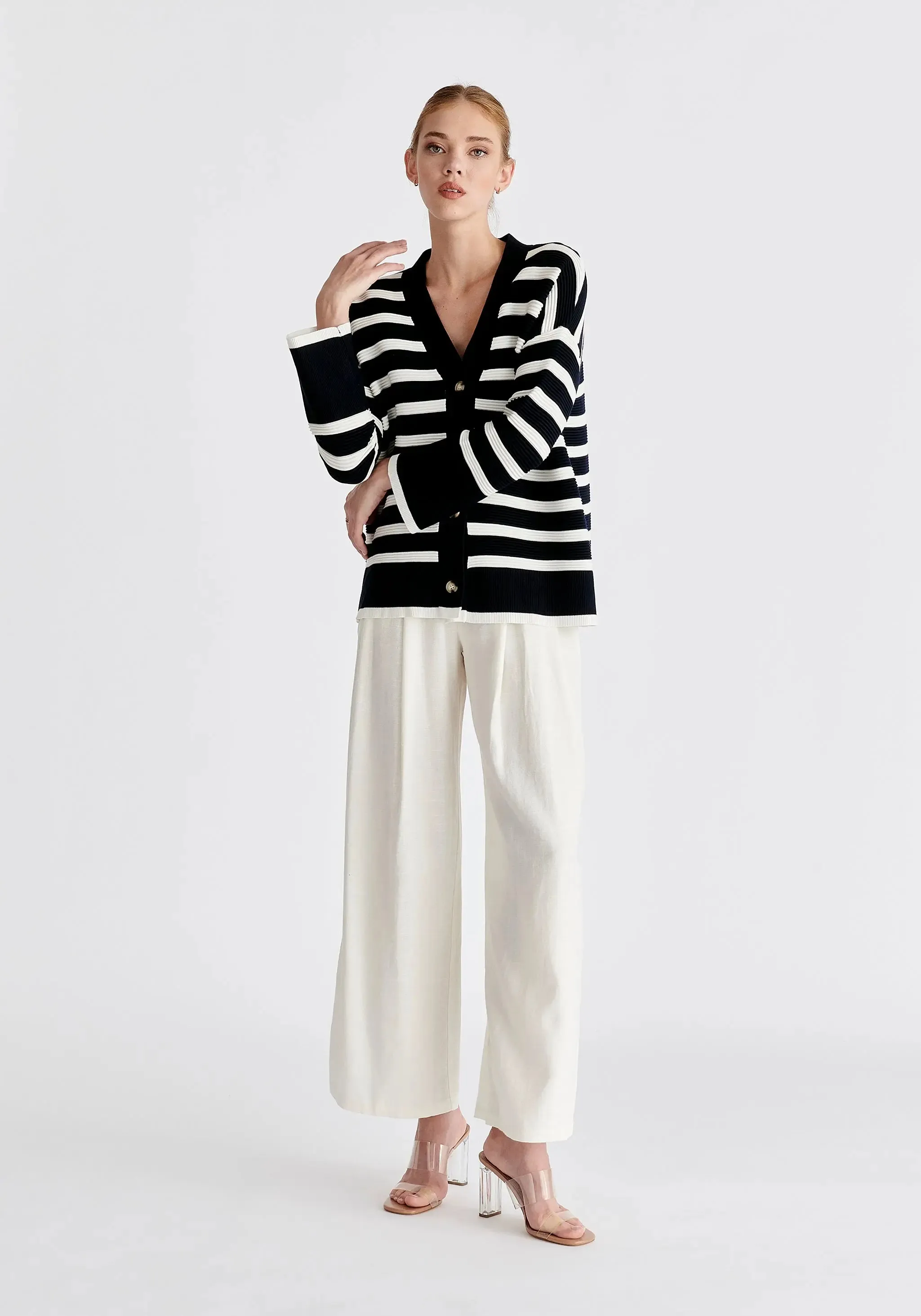 Navy and White Paisie Striped Ribbed Cardigan