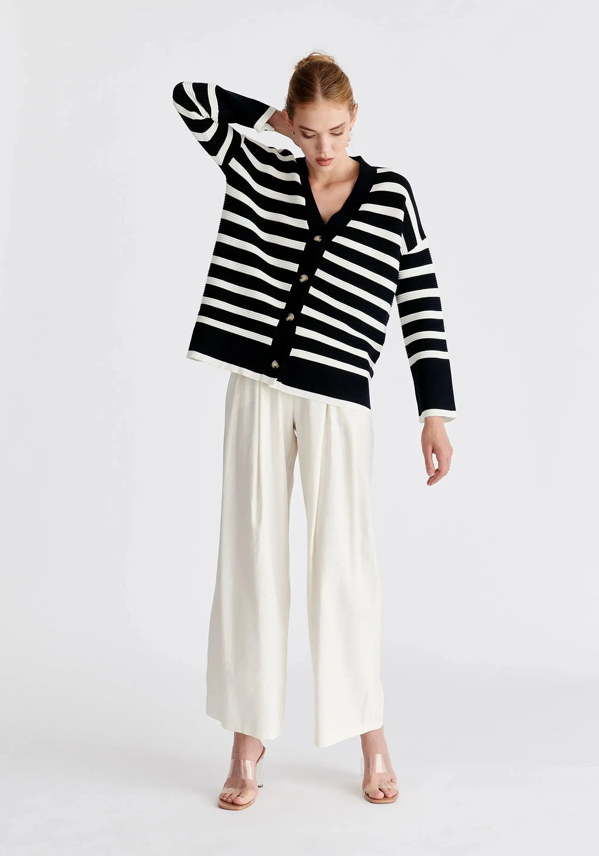 Navy and White Paisie Striped Ribbed Cardigan