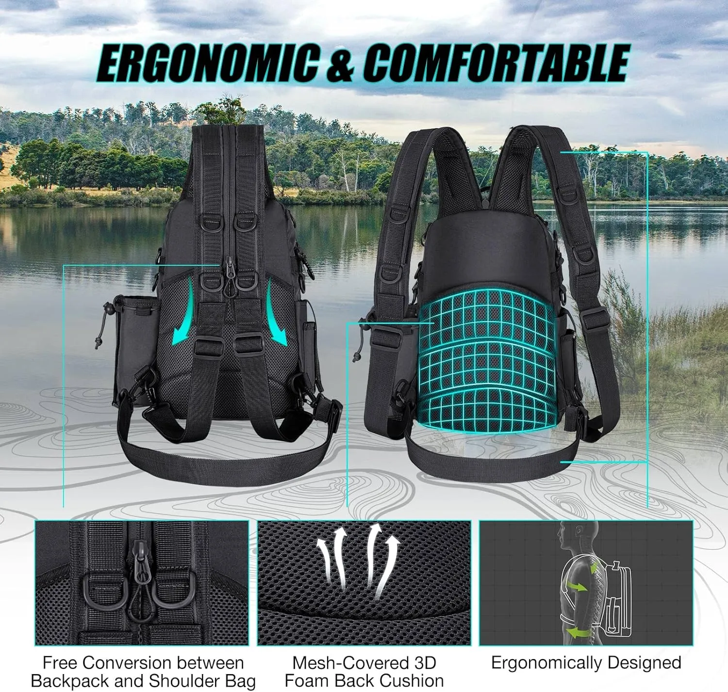 Piscifun Fishing Tackle Backpack with Rod & Gear Holder, Lightweight Outdoor Water-Resistant Fishing Shoulder Storage Bag