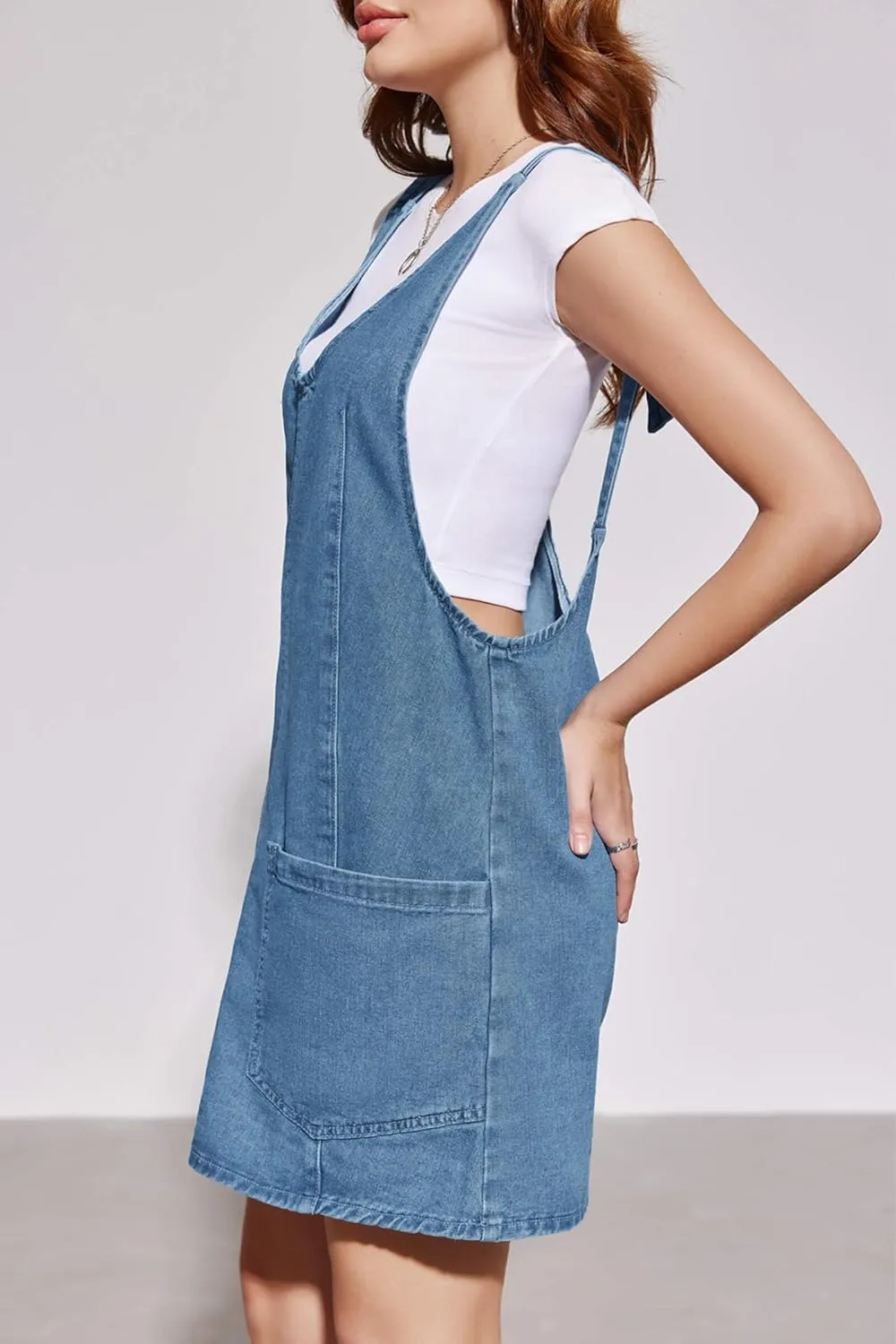 PLNOTME Womens Sleeveless Denim Overall Dress V Neck Summer Mini Jean Dress with Pockets