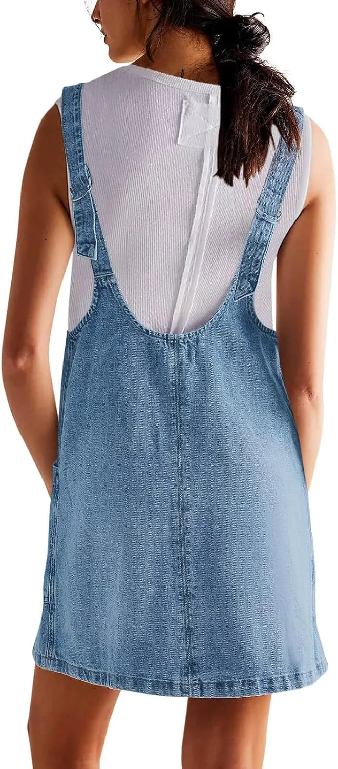 PLNOTME Womens Sleeveless Denim Overall Dress V Neck Summer Mini Jean Dress with Pockets