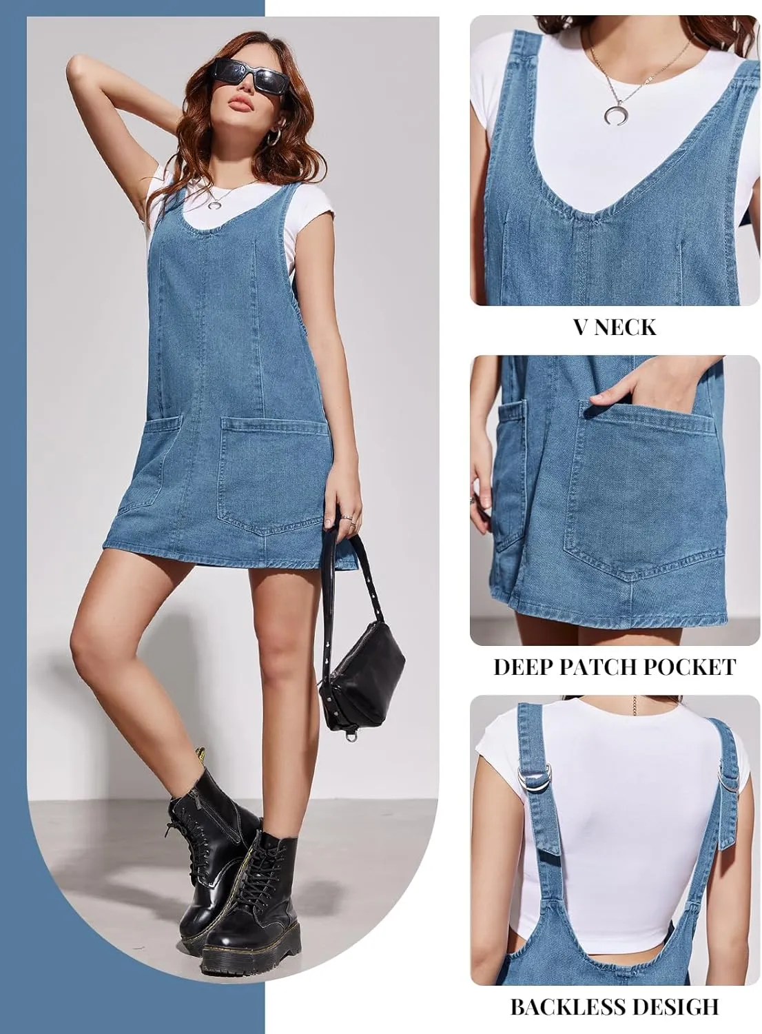 PLNOTME Womens Sleeveless Denim Overall Dress V Neck Summer Mini Jean Dress with Pockets
