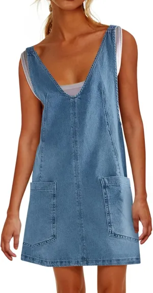 PLNOTME Womens Sleeveless Denim Overall Dress V Neck Summer Mini Jean Dress with Pockets