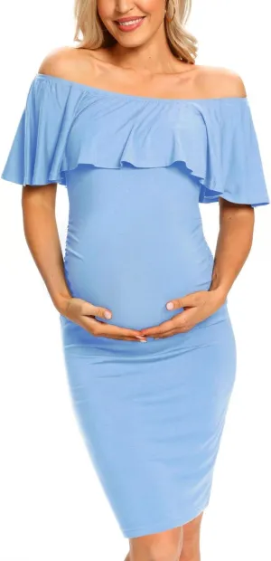 Ruffle Off Shoulder Maternity Dress Ruched Side Bodycon Pregnancy Dress for Baby Shower/Photography