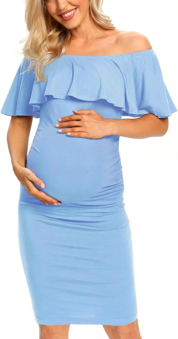 Ruffle Off Shoulder Maternity Dress Ruched Side Bodycon Pregnancy Dress for Baby Shower/Photography