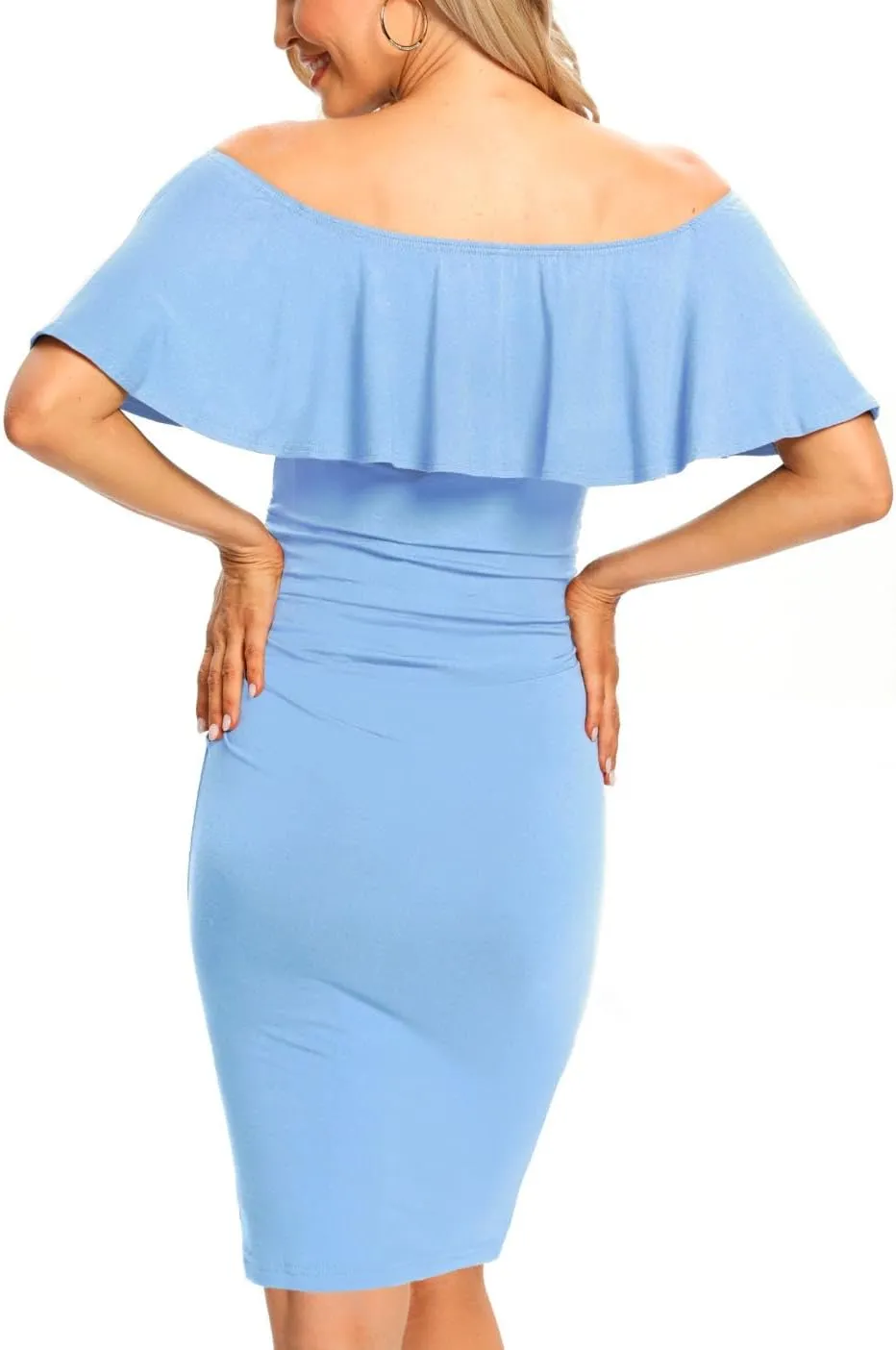 Ruffle Off Shoulder Maternity Dress Ruched Side Bodycon Pregnancy Dress for Baby Shower/Photography