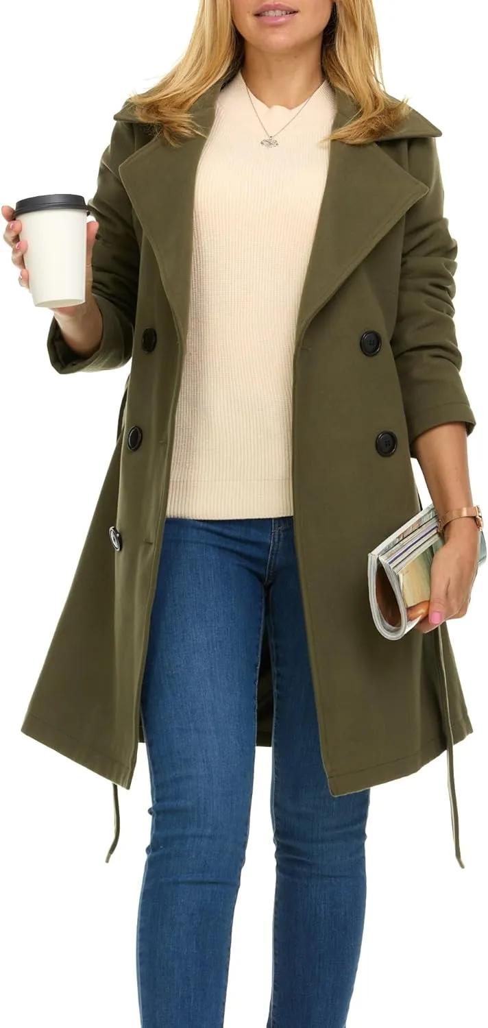 Steve Madden Trench Coat for Women ?C Double-Breasted Long Winter Faux Wool Coat