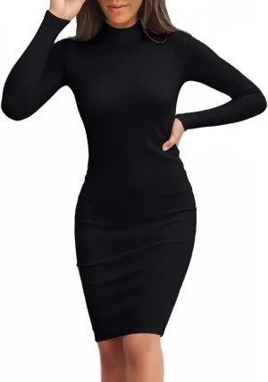 Valiamcep Women's Long Sleeve Dress Mock Neck Basic Ribbed Slim Fit Bodycon Mini Pencil Dresses