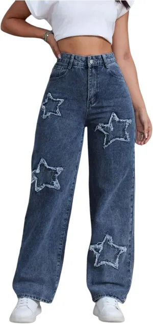 WDIRARA Women's Star Patchwork Jeans High Waisted Straight Leg Denim Pants