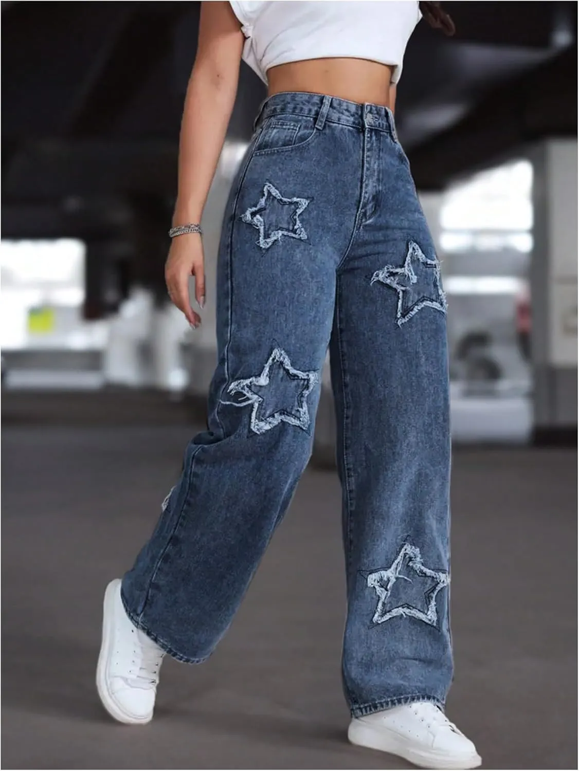 WDIRARA Women's Star Patchwork Jeans High Waisted Straight Leg Denim Pants