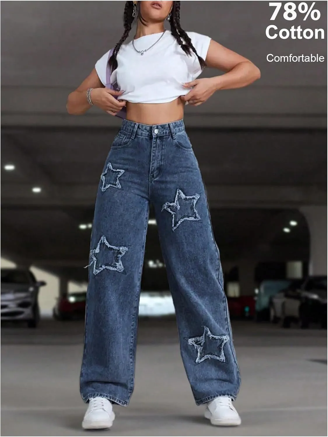 WDIRARA Women's Star Patchwork Jeans High Waisted Straight Leg Denim Pants