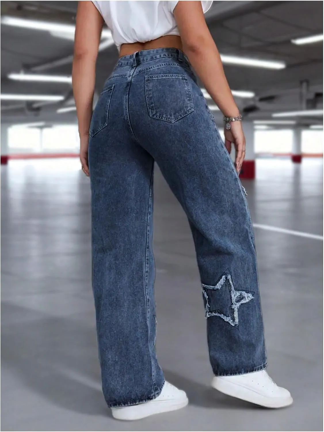 WDIRARA Women's Star Patchwork Jeans High Waisted Straight Leg Denim Pants