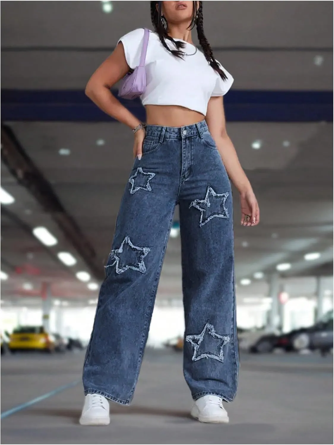WDIRARA Women's Star Patchwork Jeans High Waisted Straight Leg Denim Pants