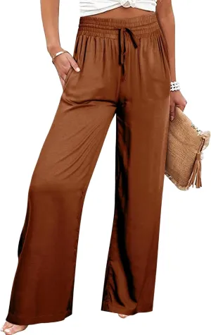 Womens Business Pants Fashion Dressy Wide Leg Work Pant Drawstring High Waisted Solid Color Loose Casual Trousers