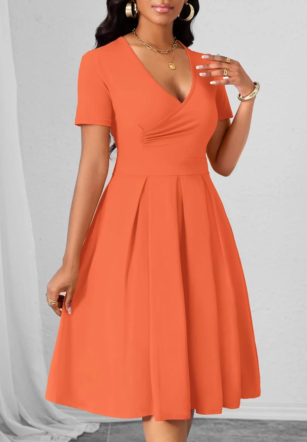 Women's Casual Wrap Dress Wedding Guest Dresses with Pockets Short Sleeve A-Line Swing V-Neck Pleated Dresses