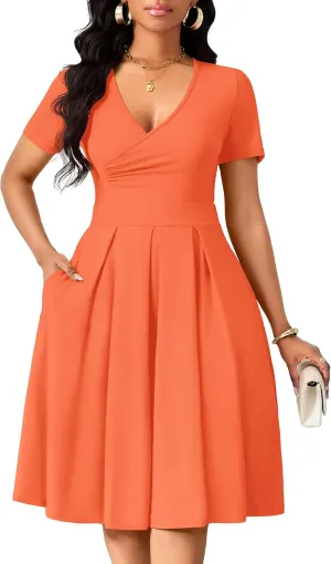 Women's Casual Wrap Dress Wedding Guest Dresses with Pockets Short Sleeve A-Line Swing V-Neck Pleated Dresses