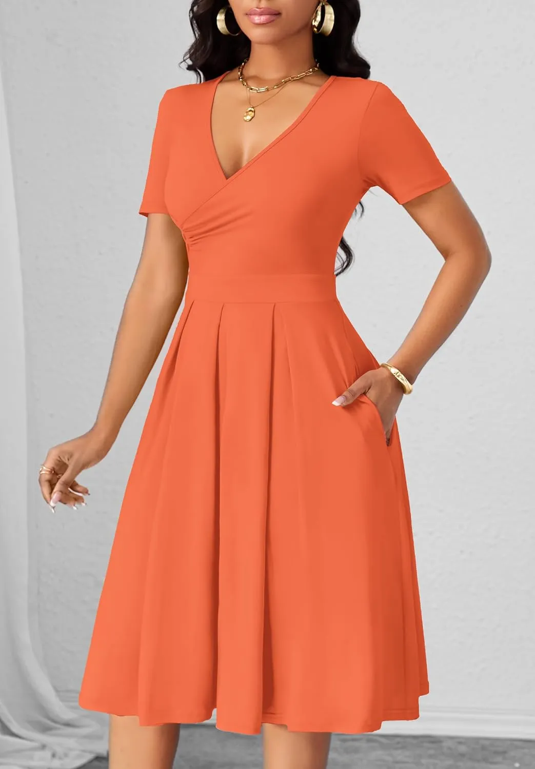 Women's Casual Wrap Dress Wedding Guest Dresses with Pockets Short Sleeve A-Line Swing V-Neck Pleated Dresses