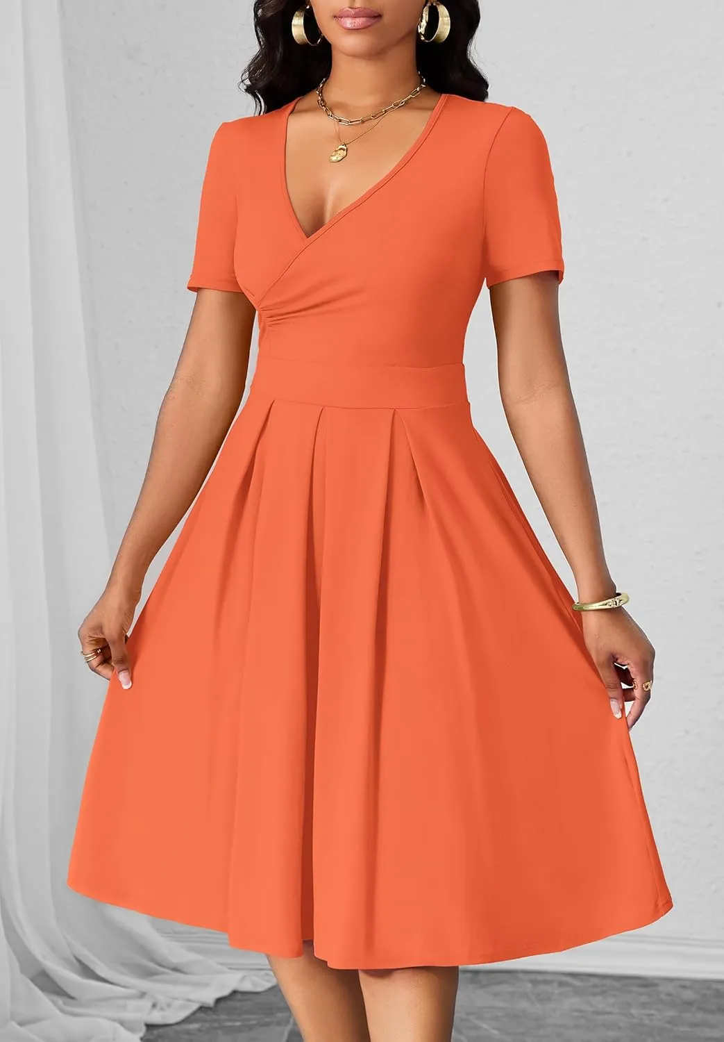 Women's Casual Wrap Dress Wedding Guest Dresses with Pockets Short Sleeve A-Line Swing V-Neck Pleated Dresses