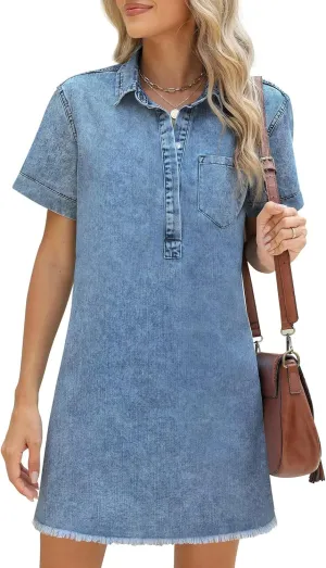 Women's Denim Dress for Women Blue Jean Dress 2025 Trendy Summer Short Sleeve Denim Dresses with Pockets