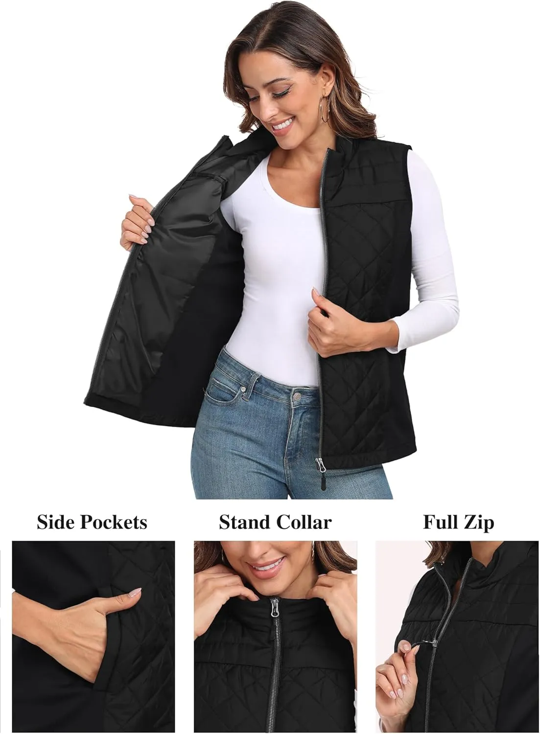 Womens Vest Tops Sleeveless Quilted Outerwear Jackets Stand Collar Zip up Lightweight Vests Fall Outfits HH24074