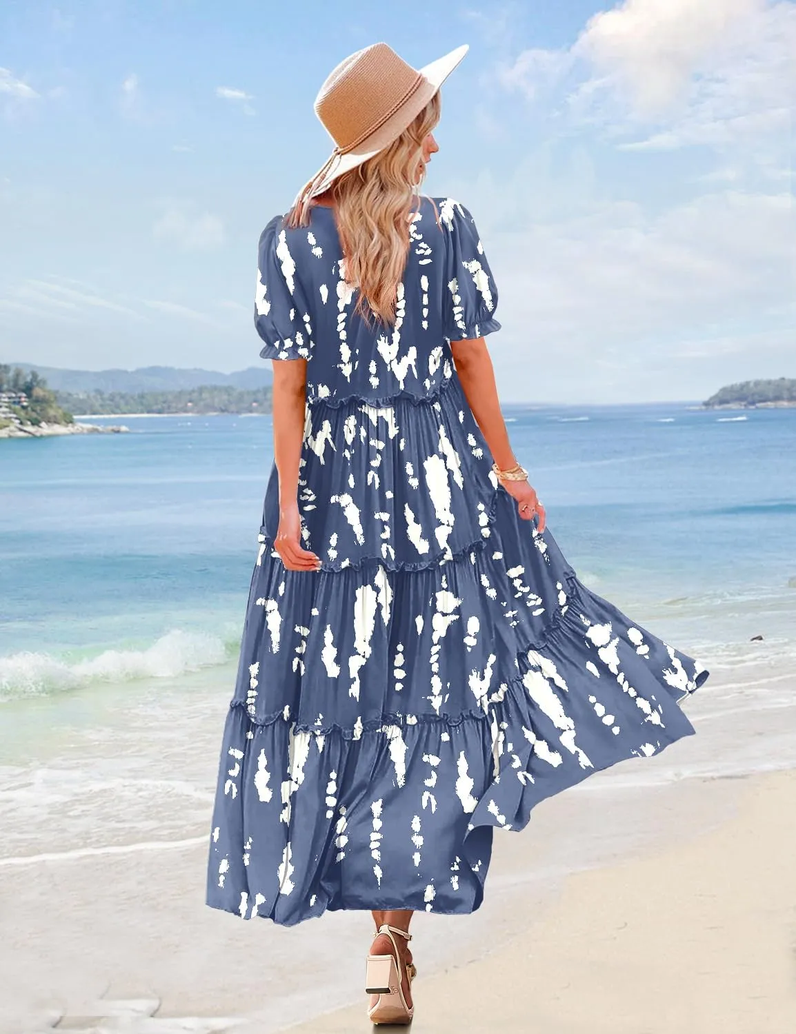 YESNO Summer Casual Bohemian Floral Dresses for Women Puff Short Sleeve Long Maxi Dress with Pockets ETX
