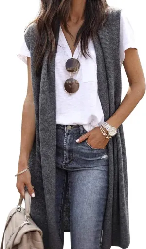 ZXZY Women Casual Sleeveless Open Front Tunic Vest Long Cardigan Tops Coat